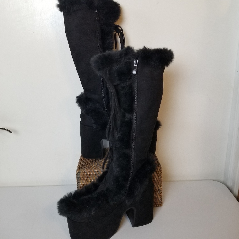 Black Winter Faux Fur Lace Front Side Zip Platform Heel Knee High Boot NWOT - Picture 3 of 12